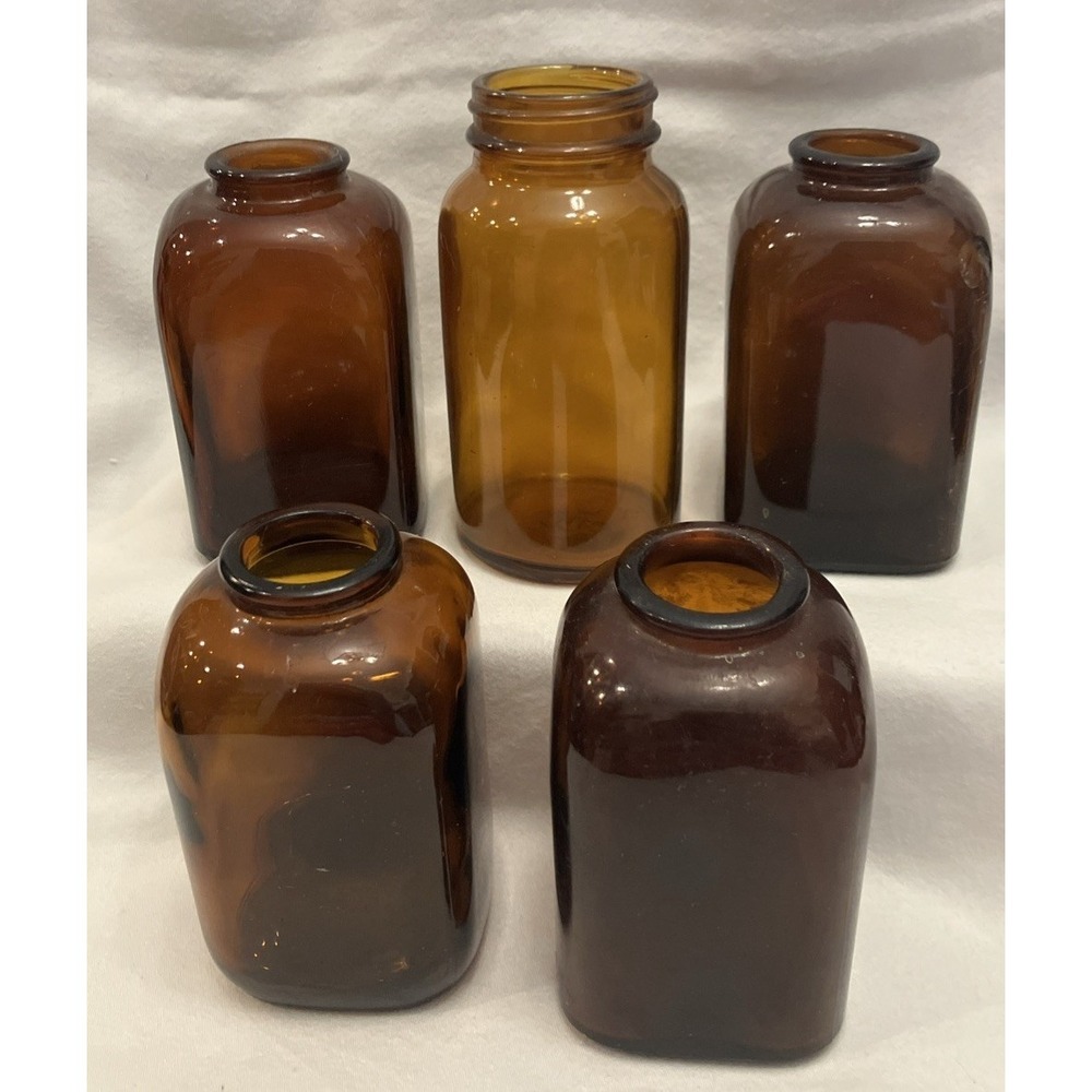 Vintage Amber/Brown 4" Snuff Bottle Jars 0-4 Dots On Bottom & Glass Jar Lot of 5